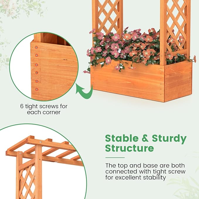 Giantex Raised Garden Bed with 2-Sided Trellis & Hanging Roof, Fir Wood Planter Box w/Drainage Holes, Bottom Gaps, Freestanding Garden Planter for Flowers Herbs Climbing Vines (31" x 12.5" x 60")