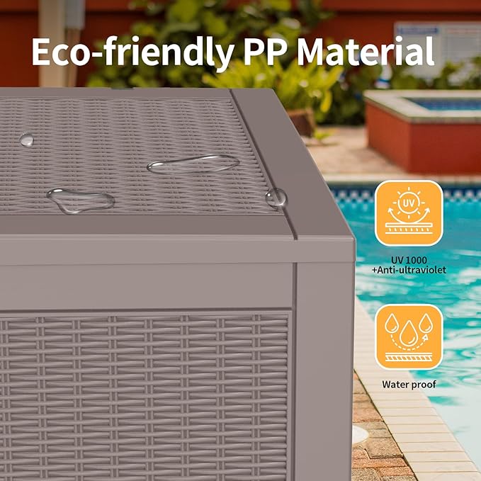 DRATO 100 Gallon Large Deck Box, Outdoor Storage Box for Patio Furniture, Patio Cushions, Gardening Tools, Pool Supplies,660lbs Weight Capacity,Waterproof Resin Storage Boxes（Gray，100 Gallon）