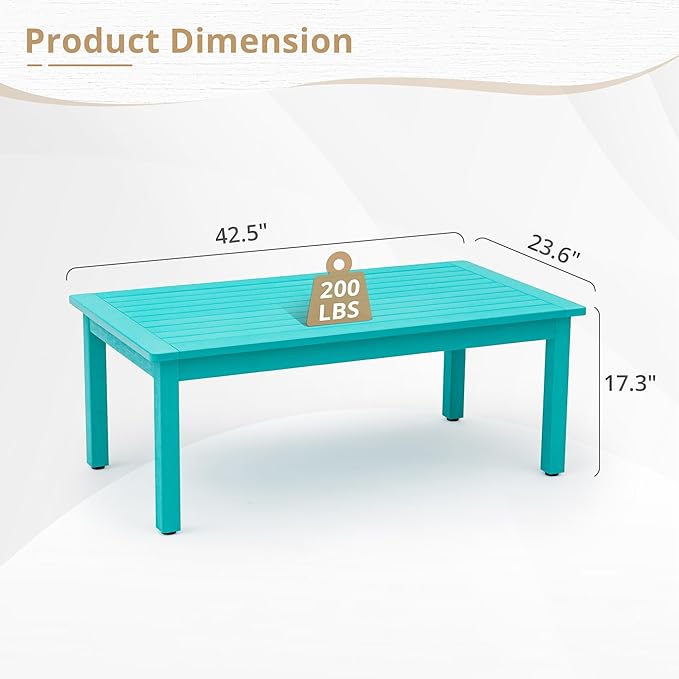 LUE BONA Outdoor Coffee Table, HDPS Patio Coffee Tables for Outside Rectangle, Adjustable Levelling Feet/Weather Resistant, Patio Table for Deck, Pool, Balcony, Indoor or Outdoor Use, Aruba Blue