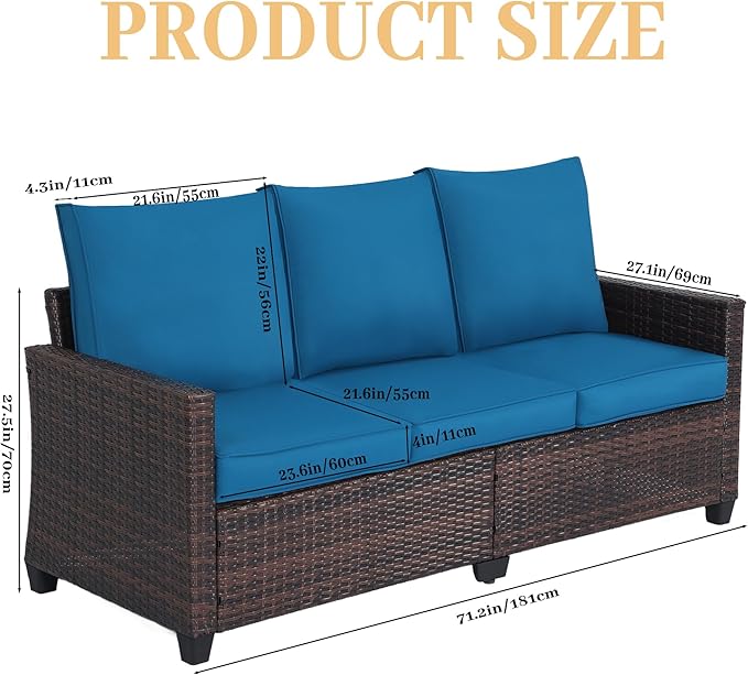 Rattan Outdoor Sofa 3-Seater - PE Woven Patio Couch with Waterproof Blue Cushions, Heavy-Duty Steel Frame for Garden, Poolside Outdoor Wicker Furniture