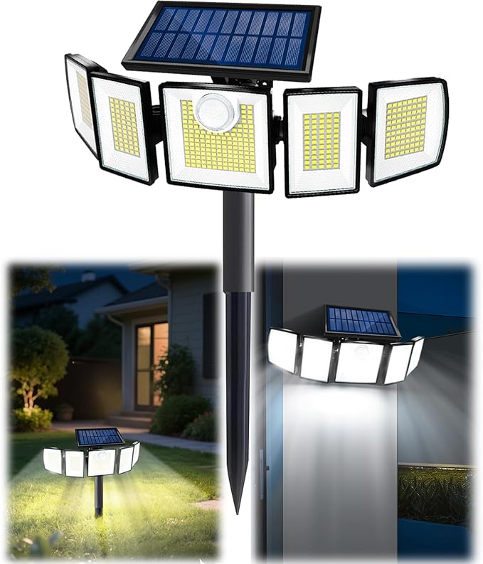 Solar Lights Outdoor Waterproof Motion Sensor - 416 LEDs 3000 Lumens Super Bright 3 Brightness 3 Modes 2400mAh 360° Illumination 32ft Solar Flood Security Light for Outside (with Stakes, 1)