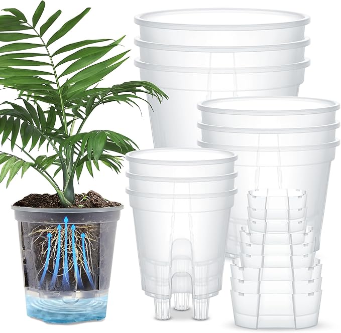 Self Watering Pots for Indoor Plants with Deep Reservoir and High Drainage Holes for Outdoor Plants and Flowers, Bare Root Planter(4.72'', 5.91'', 7.09'',Clear,9 Pcs)