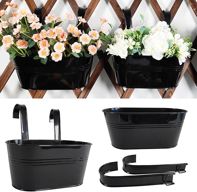 2 Pack Metal Hanging Planter for Outdoor Plants, 10 Inch Black Fence Planters Railing Pots for Garden Patio Balcony Decor, Flower Bucket with Detachable Hooks (Black, 2Pcs)
