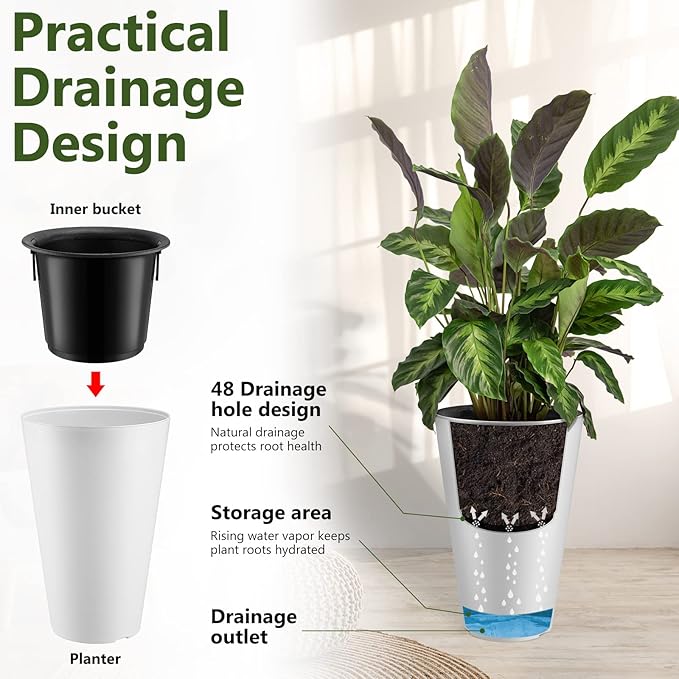 Sieral Set of 2 Tall Outdoor Planters 12 x 18 Inch Large Resin Outdoor Planters for Front Porch Flower Round Floor Decorative Indoor Pots with Drainage(White)