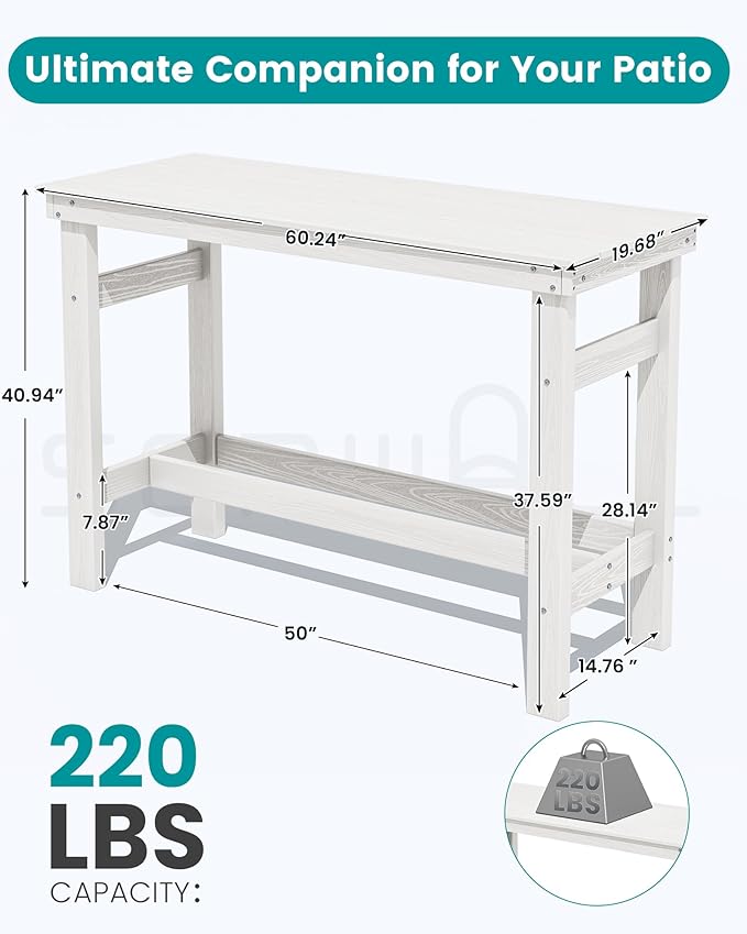 SERWALL 41" Outdoor Bar Table with 1.6" Umbrella Hole, HDPE Patio Bar Counter Height Table, All-Weather Rectangle Bar Table for Backyard, Garden, Poolside, Balcony - White