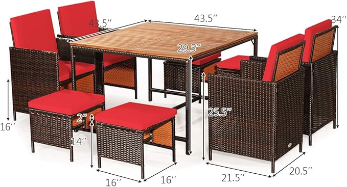 Tangkula 9 Pieces Acacia Wood Patio Dining Set, Space Saving Wicker Chairs and Wood Table with Umbrella Hole Outdoor Furniture Set, Suitable for Garden, Yard, Poolside, Outdoor Seating Set