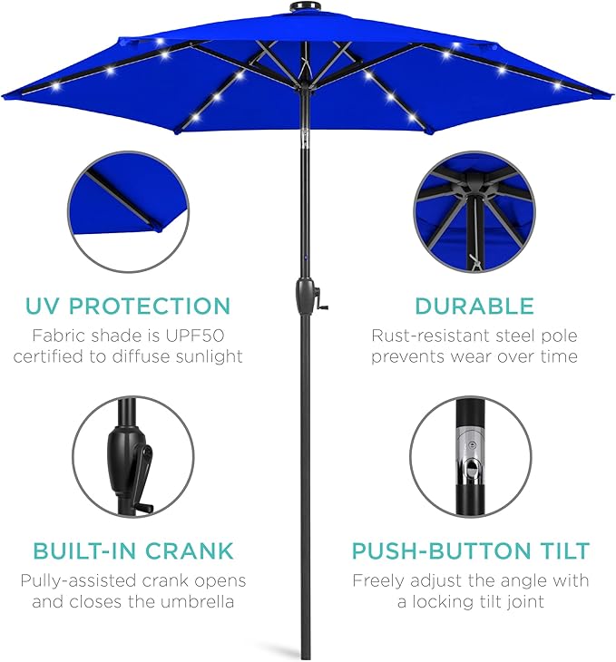 Best Choice Products 7.5ft Outdoor Solar Market Table Patio Umbrella for Deck, Pool w/Tilt, Crank, LED Lights - Resort Blue