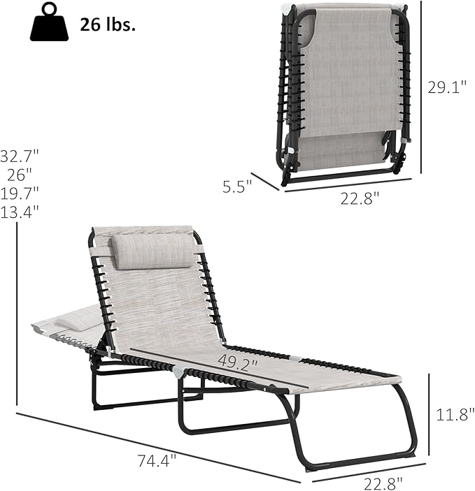 Outsunny Folding Chaise Lounge Chair Set of 2, Patio Sun Tanning Chair, Outdoor Chaise Lounger with 4-Position Reclining Back, Breathable Mesh Seat for Beach, Poolside, Cream