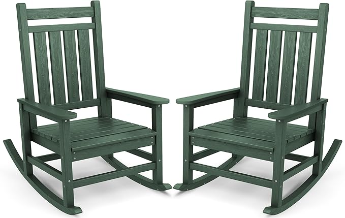 SERWALL Oversized Outdoor Rocking Chair Set of 2, HDPE Rocker for Adults, Patio Rocking Chairs for Porch, Green