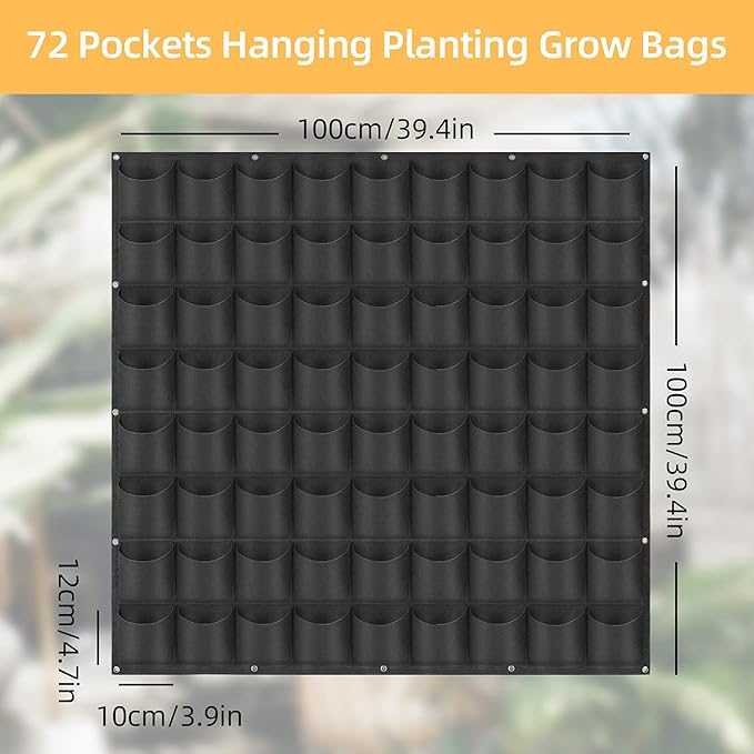 Hanging Planting Grow Bags, 72 Pockets Hanging Vertical Wall Planter Wall Mounted Grow Bag Outdoor Indoor Gardening Vertical Greening Flower Container, Planting Bags Storage Bags(1.0 m × 1.0 m, Black)