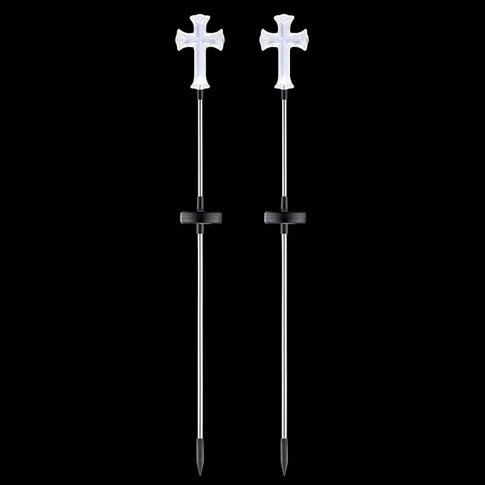 Alpine Corporation 34" Tall Outdoor Solar Powered Cross Pathway Light Stakes (Set of 2)