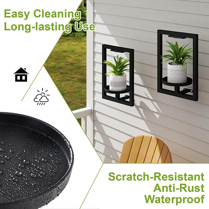 BAOYOUNI 2 Pack Picture Frame Wall Plant Holder with Light,Metal Window Plant Shelf，Modern Floating Plant Stand for Indoor Outdoor Patio Balcony Garden Living Room Bedroom