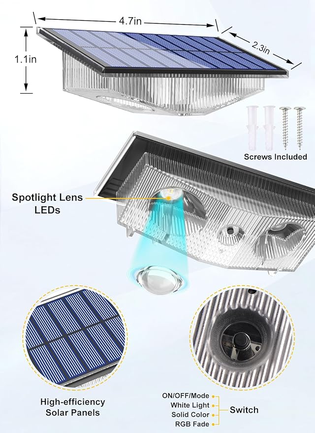 Solar Fence Lights, Fence Light Solar Powered with 6 RGB Colors & Warm White & Cool White, Waterproof Bright Backyard Fence Solar Outdoor Lights for Outside Deck Wall Step Patio Pool(12 Packs)