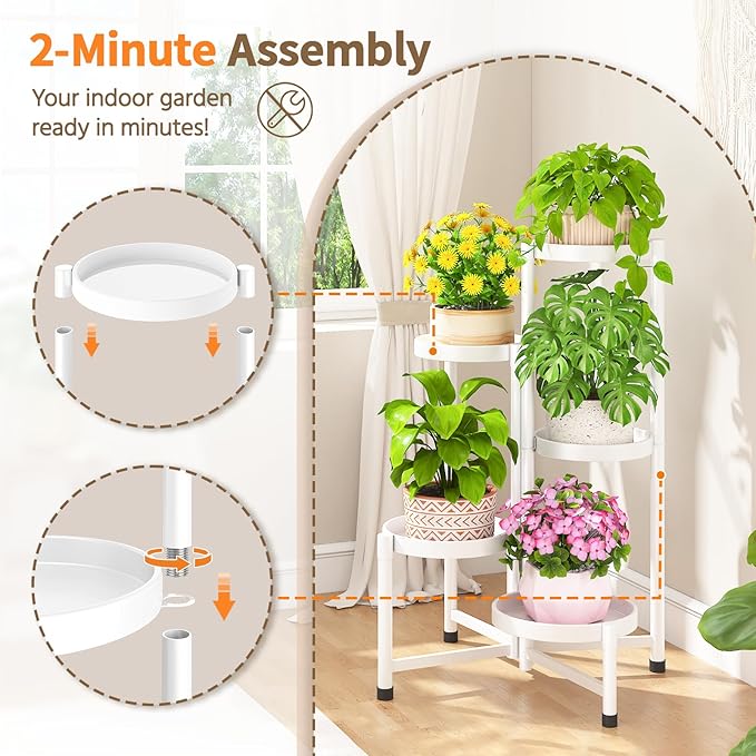 LASZOLA 5 Tiered Folding Tall Plant Stand Indoor for Multiple Large Planter, Heavy Duty Metal Adjustable Flower Rack for Narrow Corner, Sturdy Vertical Spiral Shelving Holder for Modern House, White