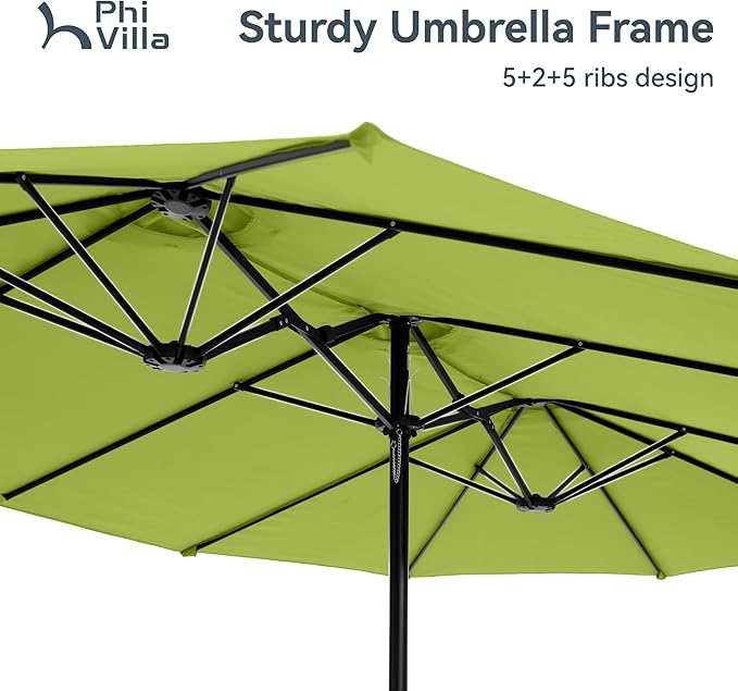 PHI VILLA 15ft Large Patio Umbrellas with Base, Outdoor Double-Sided Rectangle Market Umbrella for Pool Lawn Garden, Lime Green