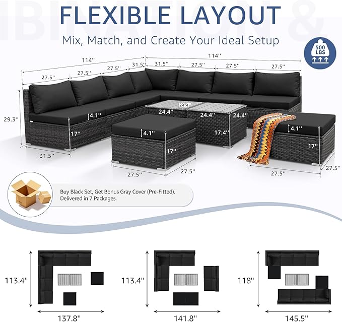 NICESOUL 11 Piece Modern L Shaped Outdoor Sofa Set, 29.3'' High Back Comfy Big Size Wicker Patio Modular Sectional with Table & Ottoman, Rattan Conversation Furniture, 2 Color Cushion Black & Gray