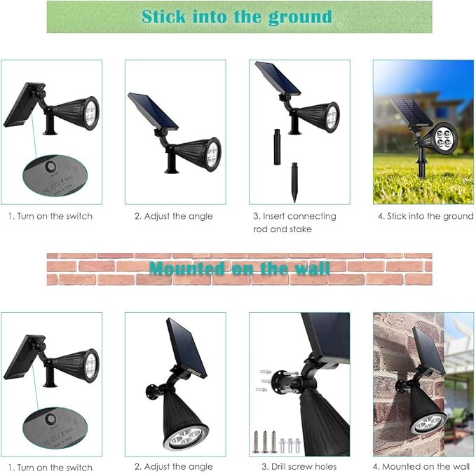 URPOWER Solar Lights Outdoor, Adjustable Spot Lights Outdoor, 2-in-1 Waterproof Landscape Spotlights Wall Light, Dusk-to-Dawn Solar Powered Light for Garden, Yard (2 Pack Warm)