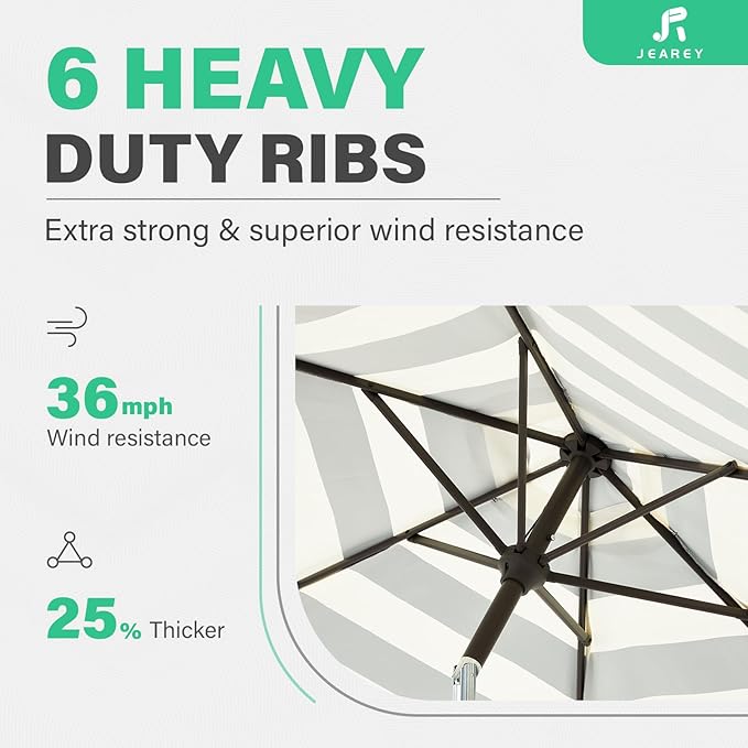 JEAREY 7.5FT Patio Umbrella Outdoor Market Umbrella with 6 Sturdy Ribs, Push Button Tilt/Crank Table Umbrella for Garden, Deck, Backyard and Pool, Beige & Black Stripe