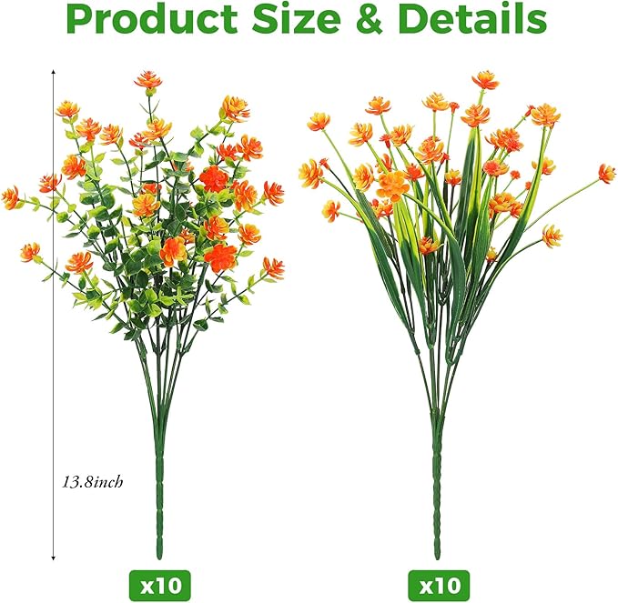 20 Bundles Artificial Flowers for Outdoors Fake Plastic Flowers UV Resistant Realistic Faux Plants Shrubs for Spring Summer Garden Porch Yard Patio Planter Window Box Home Decor, Orange