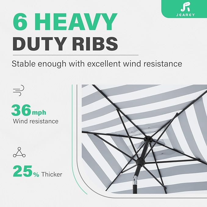 JEAREY 6.5x10 ft Rectangular Patio Umbrellas Rectangle Outdoor Umbrella with Push Button Tilt and Crank, Market Table Umbrella 6 Sturdy Ribs UV Protection for Poolside Garden Backyard Deck, Black-White Stripe