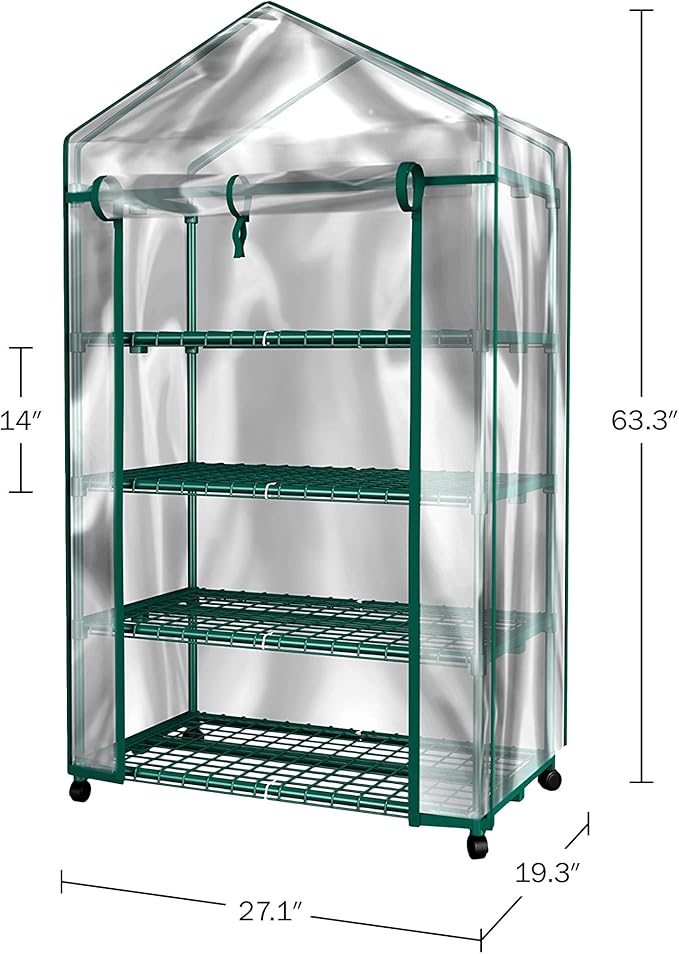 4 Tier Mini Greenhouse - Portable Greenhouse with Locking Wheels and PVC Cover for Indoor or Outdoor - 27 x 19 x 63-Inch Green House by Pure Garden