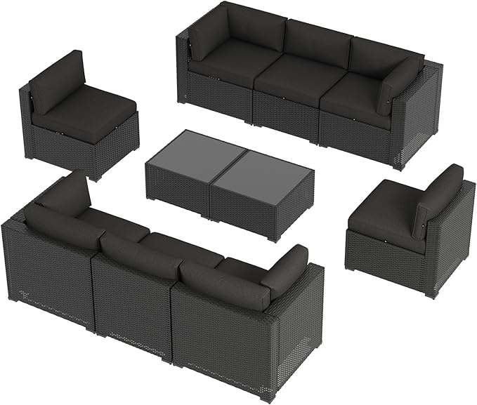 Aoxun 10 Piece Patio Furniture Set Wicker Rattan Patio Sectional Sofa Set Outdoor Seating Furniture with Thickened Cushion, Black