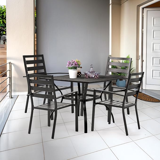 VINGLI 5-Piece Outdoor Dining Set, Metal Patio Dining Set for 4, Square Dining Table with Umbrella Hole & 4 Patio Chairs for Porch, Balcony and Backyard