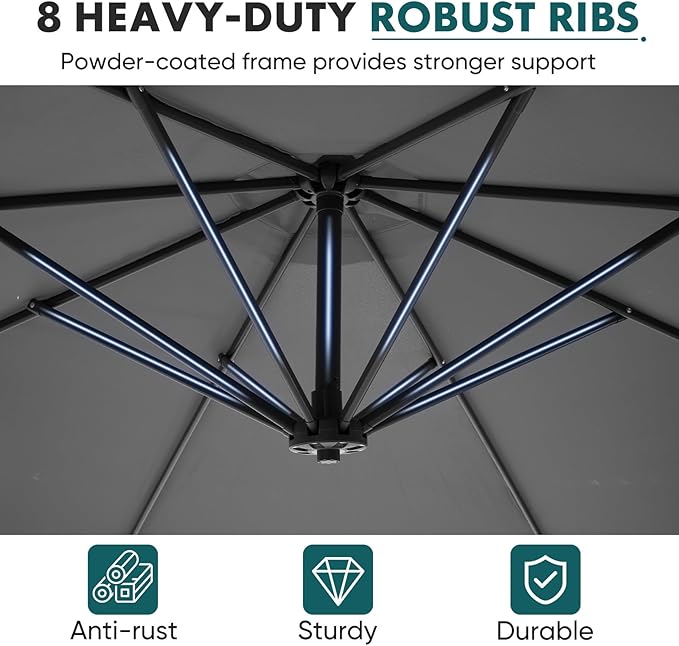OLIXIS 9.7FT Offset Patio Umbrella with Base, Cantilever Table Umbrellas for Outdoor Sun Shade UV Protection with Easy Tilt Adjustment, 8 Ribs for Backyard, Lawn, Garden, Pool - Grey