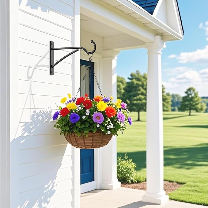 6 Inch 2 Pack Heavy Duty Plant Hangers Outdoor, Metal Plant Brackets for Hanging Baskets, Plant Wall Hooks for Bird Feeders, Wind Chimes & Lanterns, Premium Metal Hooks Matte Black, 30lbs Capacity