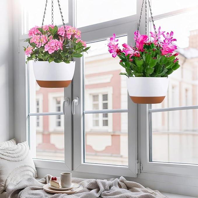 Hanging Planters for Indoor Plants, Set of 2 8/10 Inch Self-Watering Hanging Pots with Drainage Hole & Removable Water-Storage Tray II Screw-in Hooks