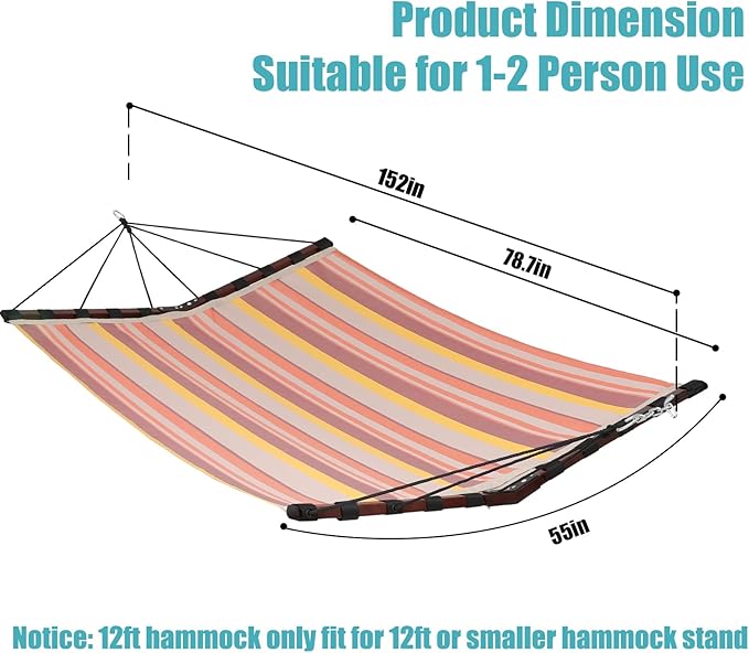 TegerDeger 12FT 2 Person Hammock Large Hammock Quick Dry 450LB Capacity with V Shaped Hardwood Spreader Bar & Nylon Rope for Outside, Patio, Garden, Backyard, Beach, Poolside - Coral Red Stripes