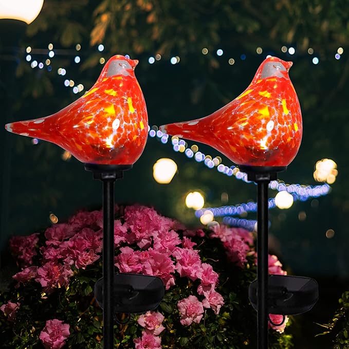 Afirst Solar Outdoor Lights - Decorative Solar Stake Lights Cardinal Handblown Glass Garden Stakes, Waterproof for Pathway Decoration, 2 Pack