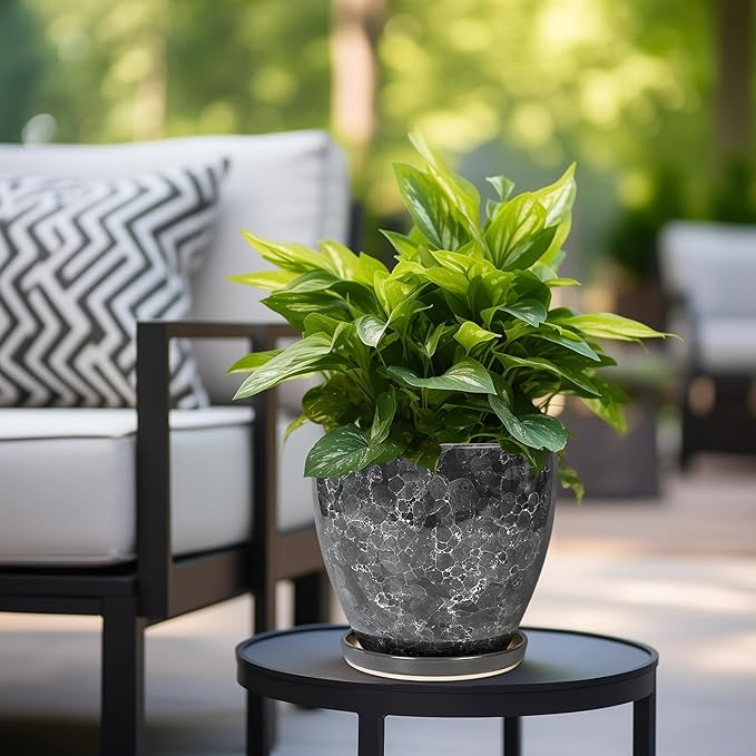 Ceraimc Planter - 8 Inch Plant Pot for Indoor Outdoor Plants, Decorative Round Planters, Flower Pot with Drainage and Saucer, Garden Porch House Room Decor, Plant Lover Gifts, Grey