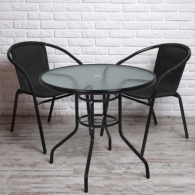 32in Outdoor Table Patio Dining Table Outdoor Dining Table with Umbrella Hole Round Tempered Glass for Yard Bistro Lawn Balcony