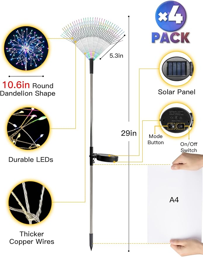 suddus Solar Garden Lights Outdoor Waterproof Decorative, 4Pack 150LED Firework Lights 8 Modes, Multicolor Solar Fairy Light for Yard, Patio, Pathway, Flowerbed Party Wedding Decor