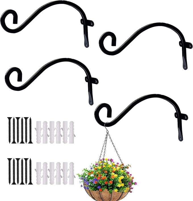 Hourleey 4 Pack Plant Hanger Outdoor, 8 Inch Heavy-Duty Hanging Plant Hook for Outside Basket, Black Metal Wall Mount Plant Bracket Hook for Flower Baskets Bird Feeder