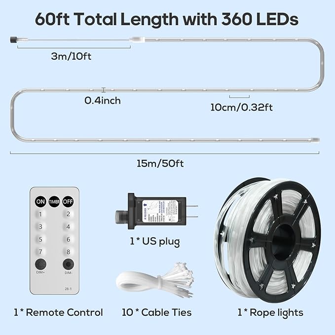 50FT 360 LED Waterproof Rope Lights Outside with Remote, 8 Modes and 4 Brightness Tube Lights for Christmas, Bedroom, Patio, Garden, Indoor Outdoor Decoration (Cool White)