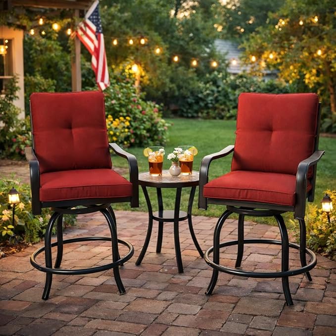 Kozyard Isabella Outdoor Swivel Bar Chairs, Counter Height Patio Bar Stools Set of 2 with Cushioned Seats, All-Weather Metal Bistro Chairs for Backyard Dining (Burgundy, with Cushion)