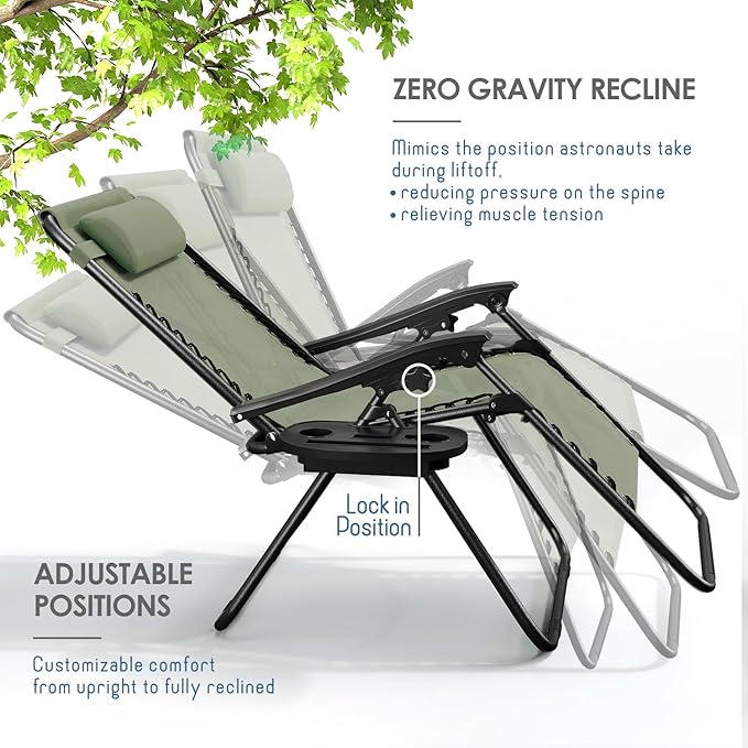 Nestl Zero Gravity Chairs Set of 4, Patio Lounge Chair Outdoor with Pillows & Cup Holder Trays, Adjustable Steel Mesh Reclining Camping Chair, Folding Patio Lawn Chair for Deck, Beach - Sage Green