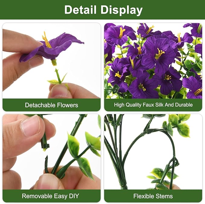 INQCMY Artificial Fake Petunias Flowers for Outdoors Spring Decoration, 12 Bundles Faux Flower Plants UV Resistant Purple Realistic Silk Flower for Outside Planters Patio Porch Yard Window Box