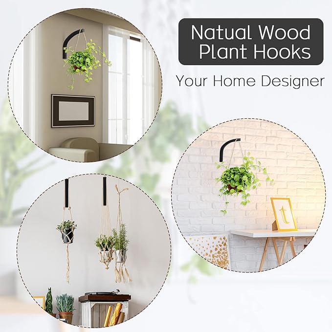 Juexica 4 Pcs Plant Hanger Wooden, 8 Inch Hanging Plant Hooks for Indoors and Outdoor, Wall Mounted Hanging Hook Brackets for Planters Lanterns Wind Chimes and Bird Feeders Patio Decor(Black)
