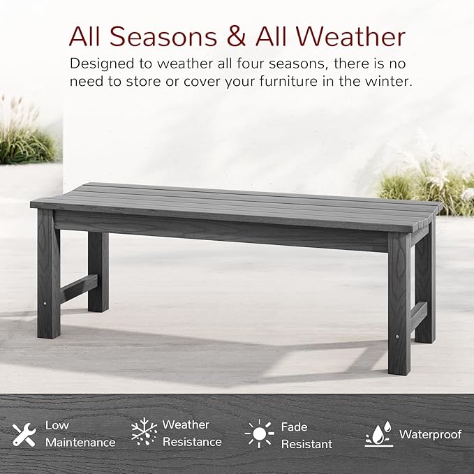 Stoog Outdoor Bench, 2-Person Outdoor Poly Lumber Backless Bench, Weatherproof Garden Bench, Never Rot or Fade, Suit for Church, Backyard, Porch and Park, Grey