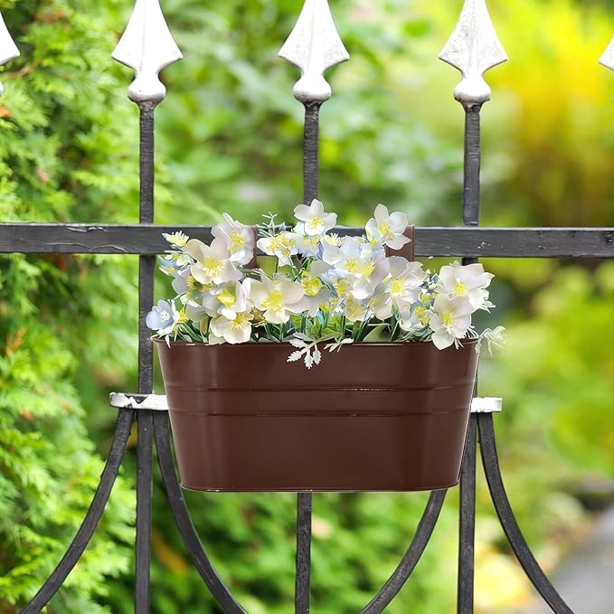 3 Pack Metal Railing Planters, 10.5" Oval Hanging Flower Pots with Detachable Hooks & Drainage Holes, Fits Rails up to 2.36", Galvanized Iron Fence Bucket for Balcony Garden Patio - Chocolate