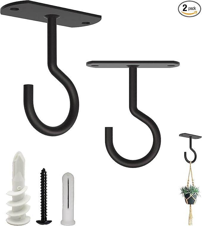 NACETURE Ceiling Hooks Heavy Duty 2 Pack - Plant Hooks for Ceiling Hanging Hook for Hanging Basket Hook, Light, Bird Feeders, Wind Chimes Décor Indoor & Outdoor (Black, 2.5 Inch 2 Pack)