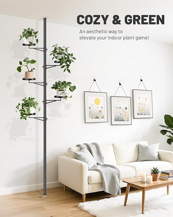 Tension Rod Plant Stand, 5 Tier Tension Pole Plant Stand with 5 Metal Trays, Plant Poles for Hanging Plants Indoor, Floor to Ceiling Plant Pole Hanging Plant Stand