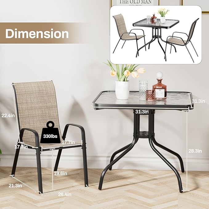 TLSUNNY Patio Dining Set 5 Pieces, All Weather Outdoor Furniture W/30"X 30" Table and 4 Stackable Textilene Chairs, Metal Table and Chairs for Lawn, Garden, Poolside, Backyard (Umbrella not Included)