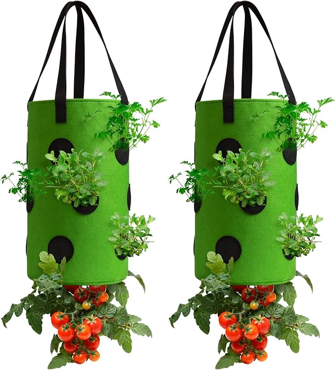 2 Pack Green Upside Down Tomato & Herb Planter, Outdoor Hanging Durable Aeration Fabric Strawberry Planter Bags