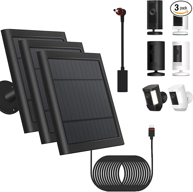 3 Pack - Solar Panel for Security Camera Spotlight Cam Plus/Pro(Battery) Stick Up Cam/Pro Wireless Outdoor with 10FT/3M Long Cable Dustproof Waterproof BK