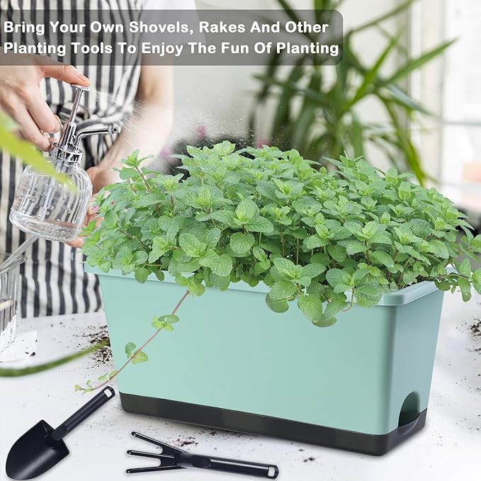 Window Box Planter 6 Pcs, 17 Inches Rectangle Flower Pots with Drainage Holes and Trays, Vegetable Planters for Windowsill Patio Garden Balcony Home Porch Yard Indoor Outdoor (Green, 17*7.4*7.8 inch)