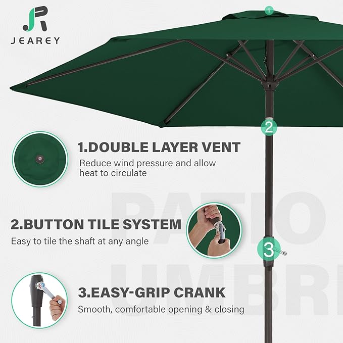 JEAREY 7.5FT Patio Umbrella Outdoor Market Umbrella with 6 Sturdy Ribs, Push Button Tilt/Crank Table Umbrella for Garden, Deck, Backyard and Pool, Dark Green